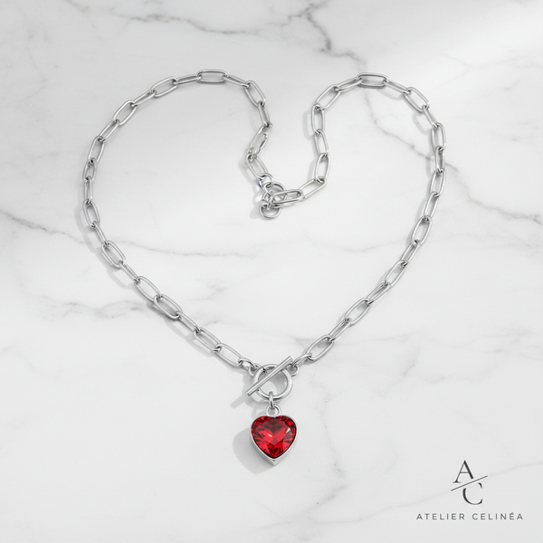 Red Heart Zircon Toggle Necklace - Silver